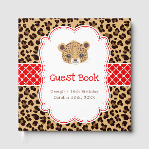 Leopard Print Red Quatrefoil Birthday Party Guest Book