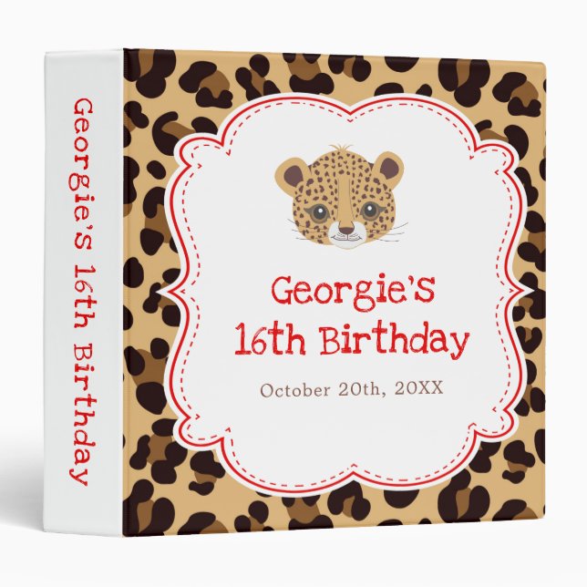 Leopard Print Red Quatrefoil Birthday Party Photo Binder (Front/Spine)