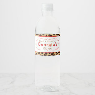 Leopard Print Red Quatrefoil Birthday Party Water Bottle Label