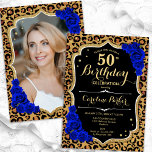 Leopard Print Royal Blue Photo 50th Birthday Invitation<br><div class="desc">Elegant 50th birthday invitation with your photo at the back of the card. Glam black royal blue design with an animal leopard print and faux glitter gold. Features sapphire blue roses, script font and confetti. Perfect for a stylish adult bday celebration party. Personalise with your own details. Can be customised...</div>