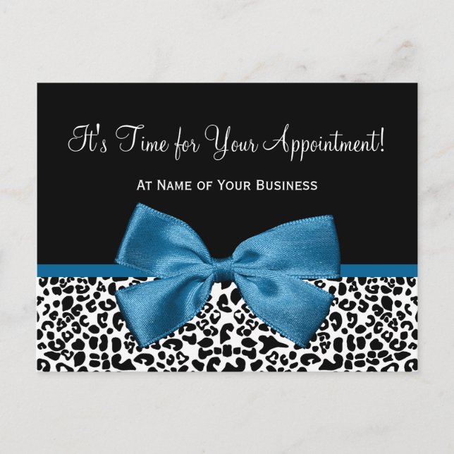 Leopard Print Salon Appointment Reminder Blue Bow Postcard (Front)