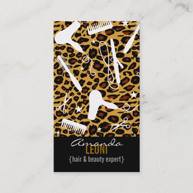 Leopard Print Salon Tools Vertical Business Card (Front)