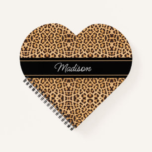 Leopard Print Script Monogram Name Heart Shaped Notebook