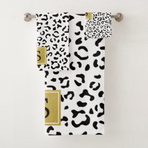 Leopard Print, Spots, Black And White, Monogram Bath Towel Set