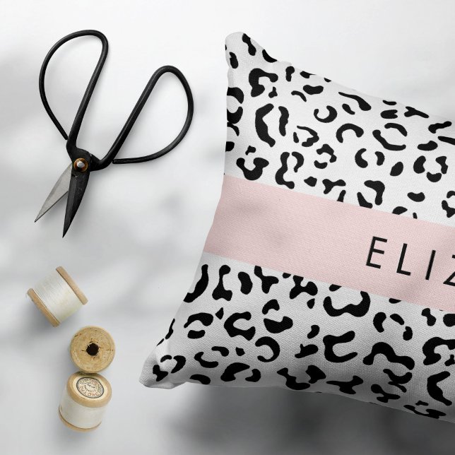 Leopard Print, Spots, Black And White, Your Name Accent Pillow (Creator Uploaded)