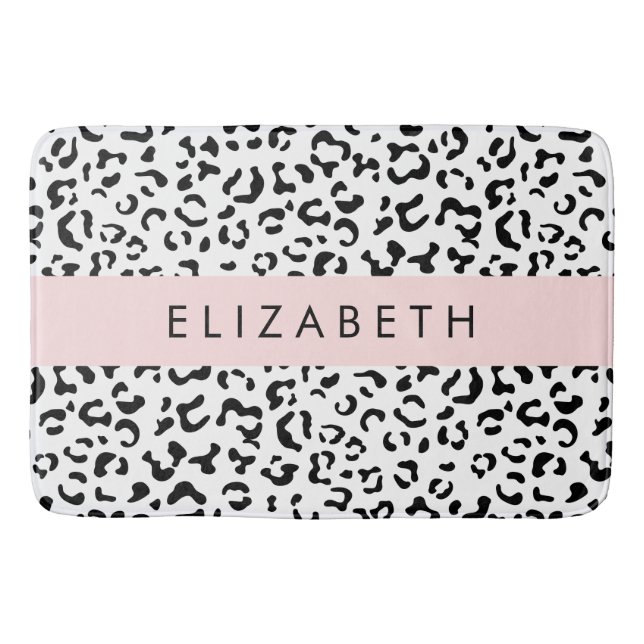 Leopard Print, Spots, Black And White, Your Name Bath Mat (Front)