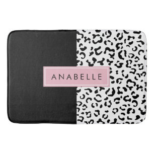 Leopard Print, Spots, Black And White, Your Name Bath Mat