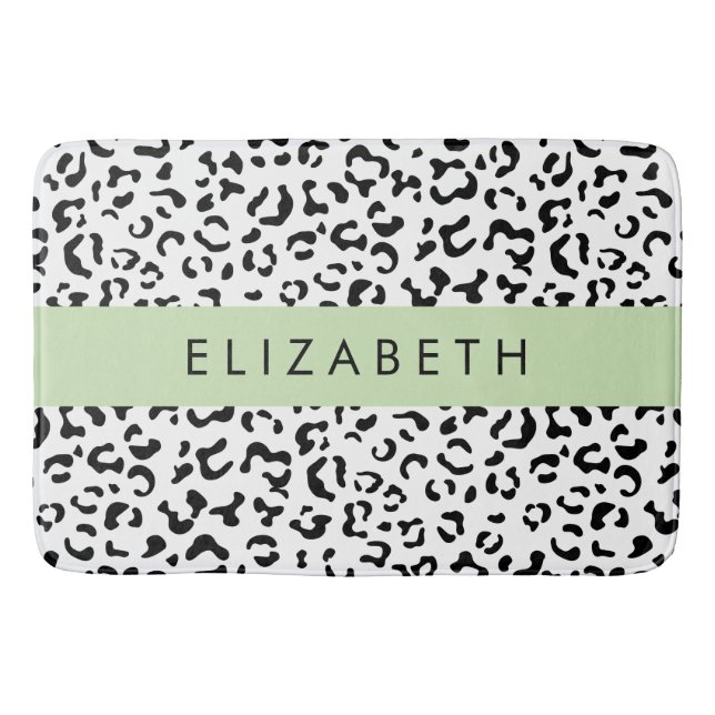 Leopard Print, Spots, Black And White, Your Name Bath Mat (Front)