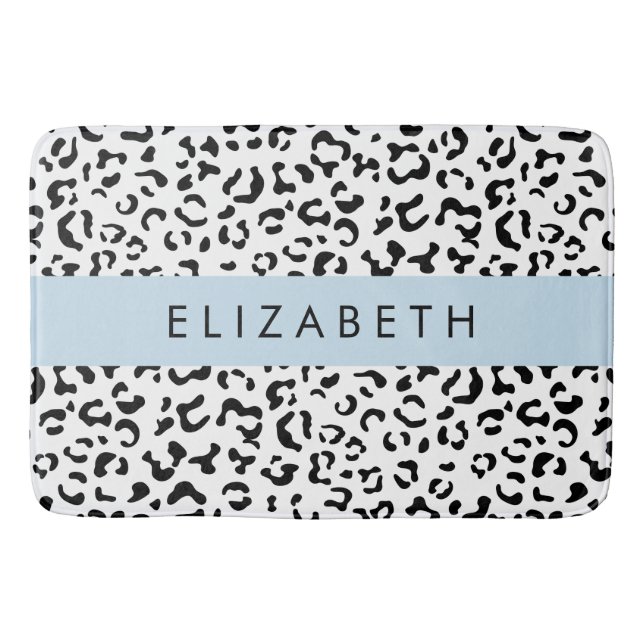 Leopard Print, Spots, Black And White, Your Name Bath Mat (Front)