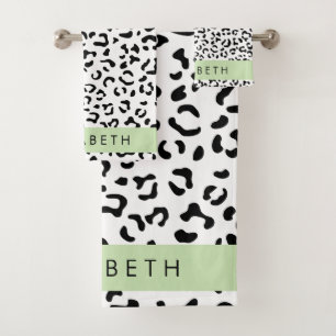 Leopard Print, Spots, Black And White, Your Name Bath Towel Set