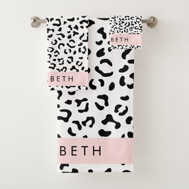 Leopard Print, Spots, Black And White, Your Name Bath Towel Set (Insitu)