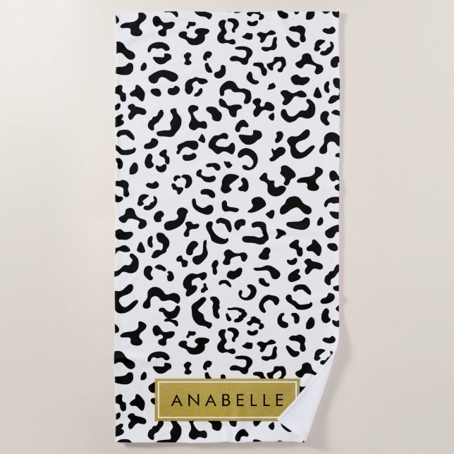 Leopard Print, Spots, Black And White, Your Name Beach Towel (Front)