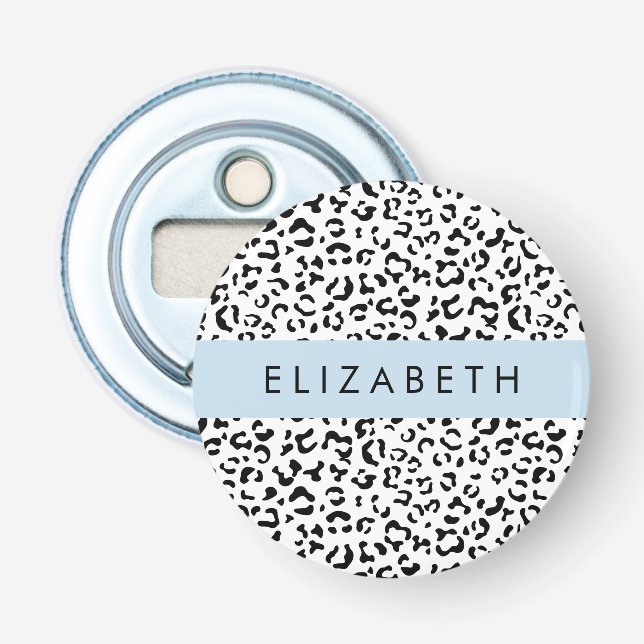 Leopard Print, Spots, Black And White, Your Name Bottle Opener (Front)
