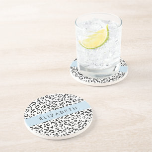 Leopard Print, Spots, Black And White, Your Name Coaster