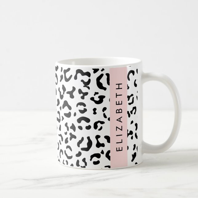 Leopard Print, Spots, Black And White, Your Name Coffee Mug (Right)