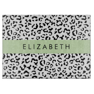 Leopard Print, Spots, Black And White, Your Name Cutting Board