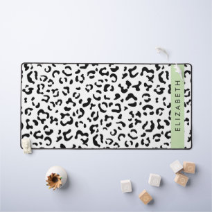 Leopard Print, Spots, Black And White, Your Name Desk Mat