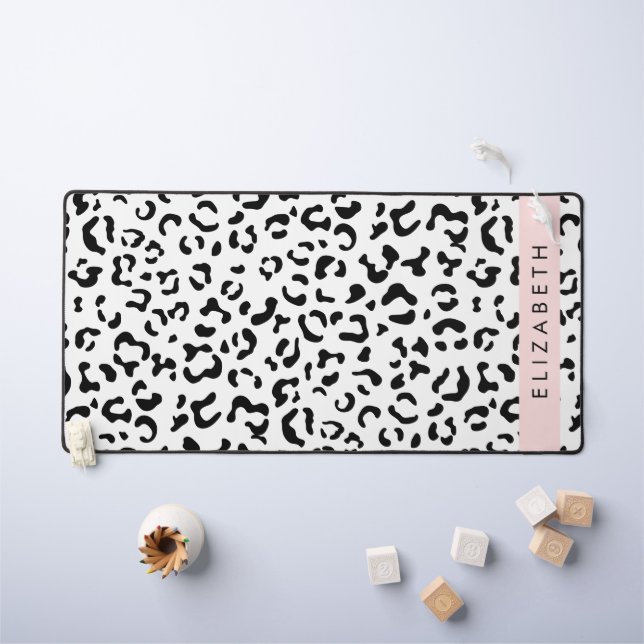Leopard Print, Spots, Black And White, Your Name Desk Mat (Kids Table)