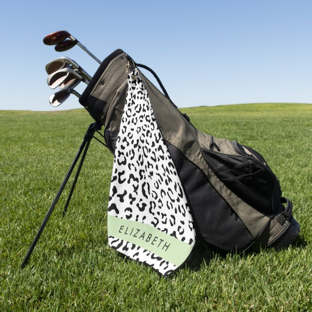 Leopard Print, Spots, Black And White, Your Name Golf Towel (Green)