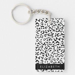 Leopard Print, Spots, Black And White, Your Name Keychain