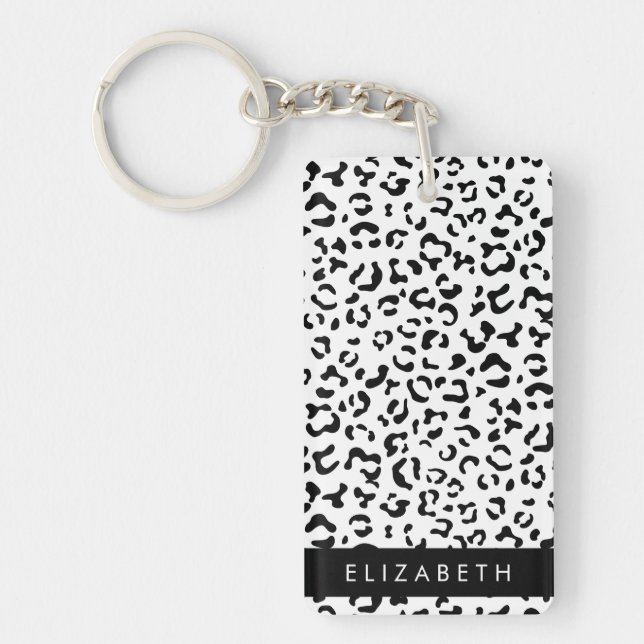 Leopard Print, Spots, Black And White, Your Name Keychain (Front)