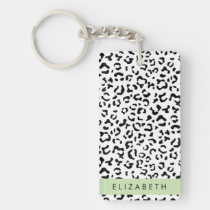 Leopard Print, Spots, Black And White, Your Name Keychain