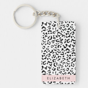 Leopard Print, Spots, Black And White, Your Name Keychain