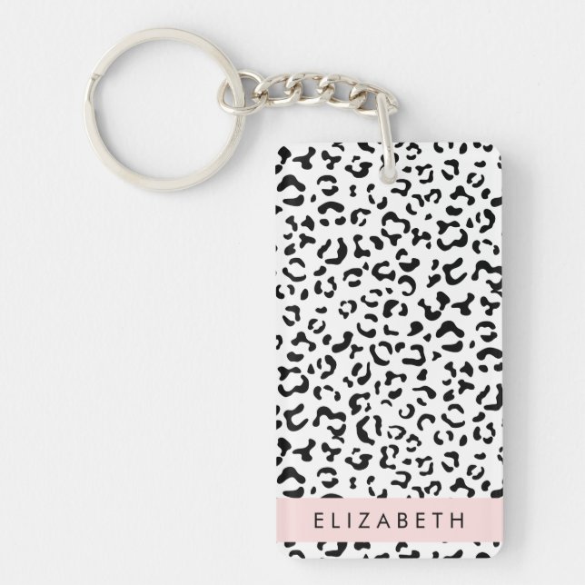 Leopard Print, Spots, Black And White, Your Name Keychain (Front)