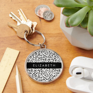 Leopard Print, Spots, Black And White, Your Name Keychain