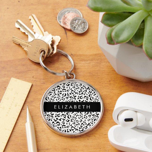 Leopard Print, Spots, Black And White, Your Name Keychain (Desk)