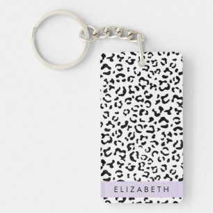 Leopard Print, Spots, Black And White, Your Name Keychain