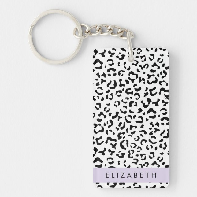 Leopard Print, Spots, Black And White, Your Name Keychain (Front)