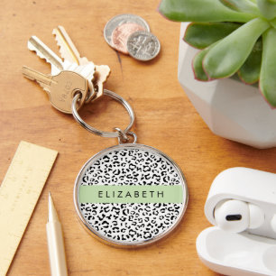 Leopard Print, Spots, Black And White, Your Name Keychain