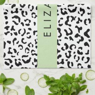 Leopard Print, Spots, Black And White, Your Name Kitchen Towel