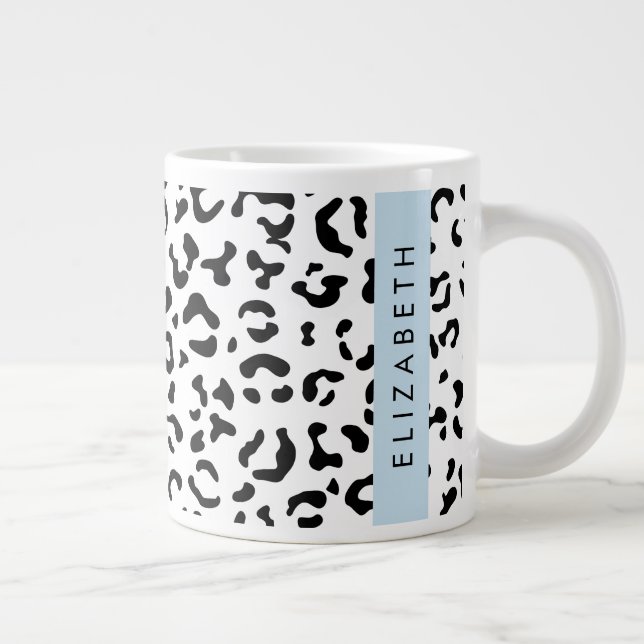 Leopard Print, Spots, Black And White, Your Name Large Coffee Mug (Right)