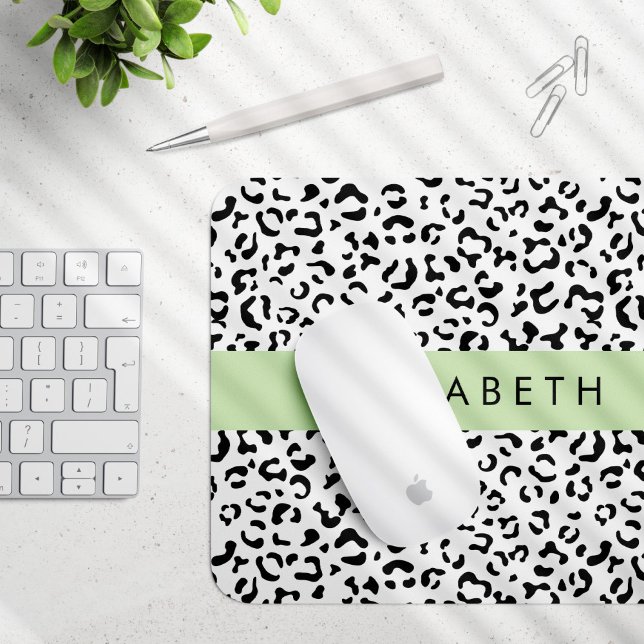 Leopard Print, Spots, Black And White, Your Name Mouse Pad (Creator Uploaded)
