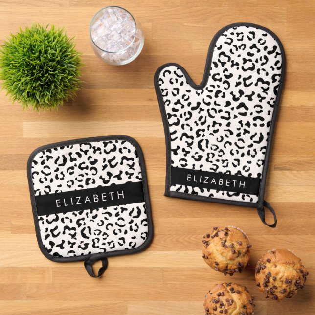 Leopard Print, Spots, Black And White, Your Name Oven Mitt & Pot Holder Set (Top Down)