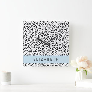 Leopard Print, Spots, Black And White, Your Name Square Wall Clock
