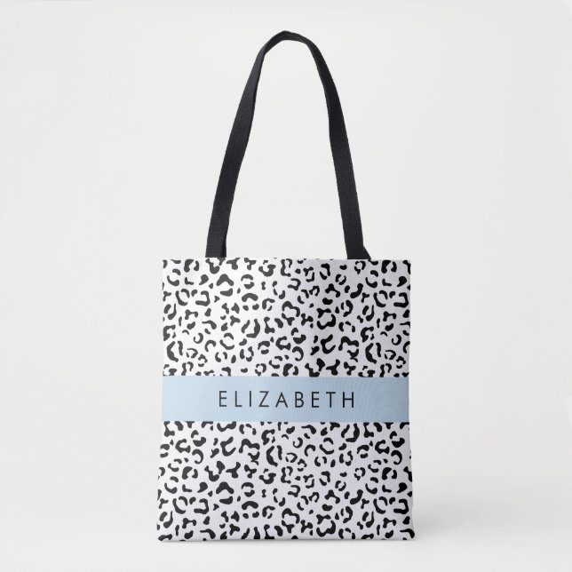 Leopard Print, Spots, Black And White, Your Name Tote Bag (Front)