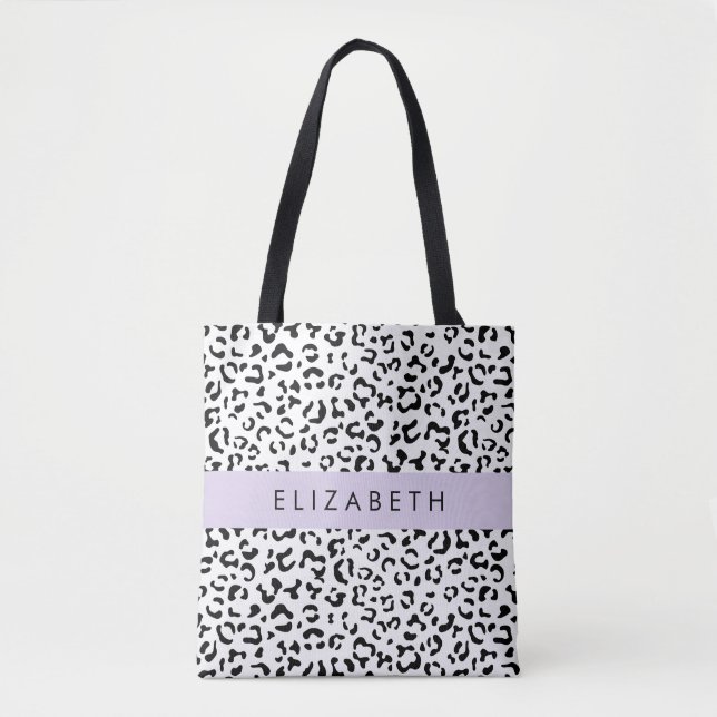 Leopard Print, Spots, Black And White, Your Name Tote Bag (Front)