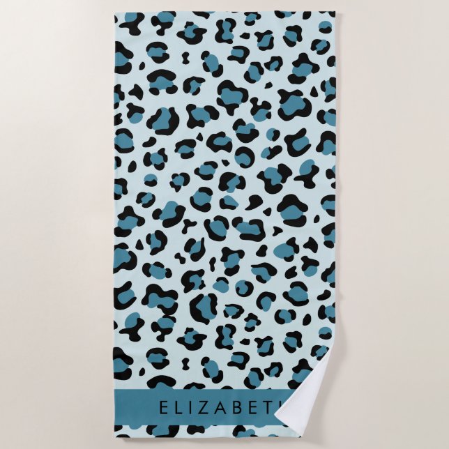 Leopard Print, Spots, Blue Leopard, Your Name Beach Towel (Front)