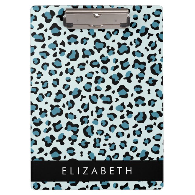 Leopard Print, Spots, Blue Leopard, Your Name Clipboard (Front)