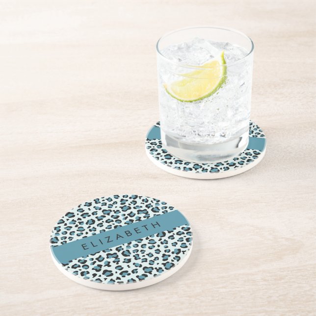 Leopard Print, Spots, Blue Leopard, Your Name Coaster (Side)