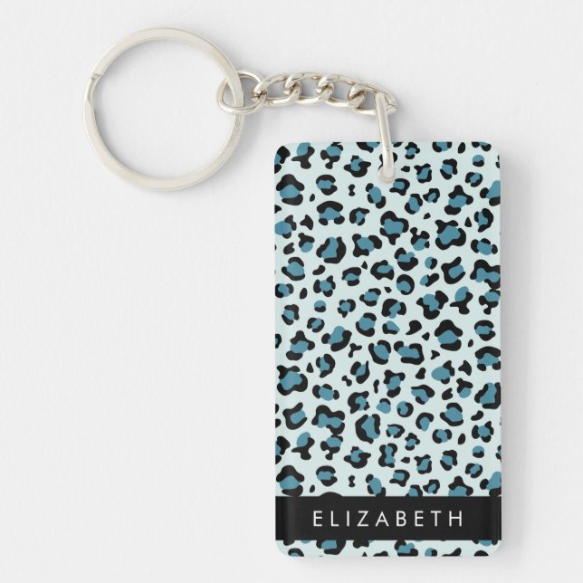 Leopard Print, Spots, Blue Leopard, Your Name Keychain (Front)