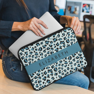 Leopard Print, Spots, Blue Leopard, Your Name Laptop Sleeve