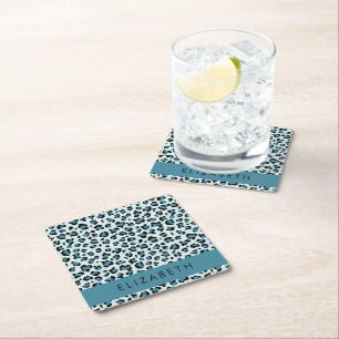 Leopard Print, Spots, Blue Leopard, Your Name Square Paper Coaster