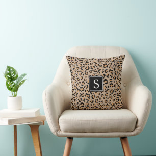 Leopard Print, Spots, Brown Leopard, Monogram Throw Pillow