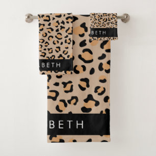 Leopard Print, Spots, Brown Leopard, Your Name Bath Towel Set