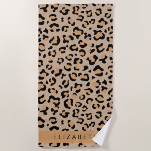 Leopard Print, Spots, Brown Leopard, Your Name Beach Towel