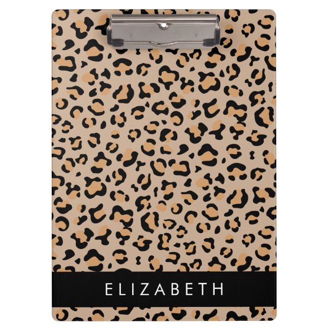 Leopard Print, Spots, Brown Leopard, Your Name Clipboard (Front)